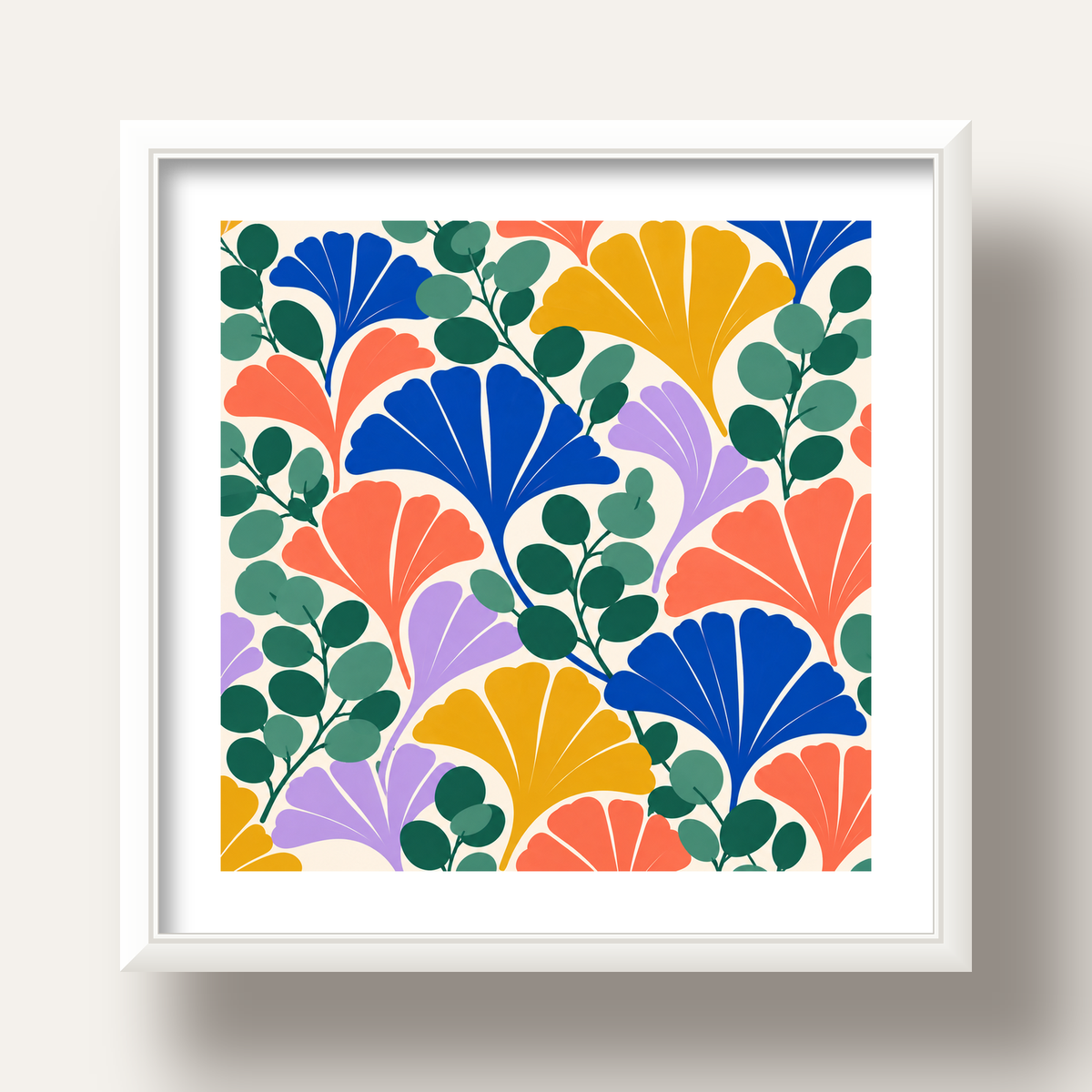 Renkli Modern Yaprak Desenli Dijital Poster – Dekoratif Sanat — beyaz derin çerçeveli paspartulu