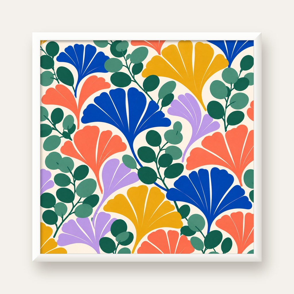 Renkli Modern Yaprak Desenli Dijital Poster – Dekoratif Sanat — beyaz çerçeveli kare poster