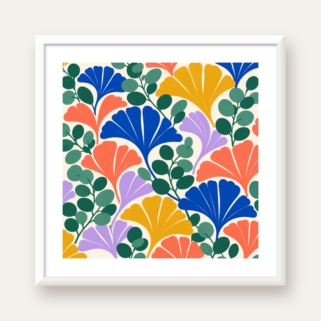Renkli Modern Yaprak Desenli Dijital Poster – Dekoratif Sanat — beyaz çerçeveli kare poster