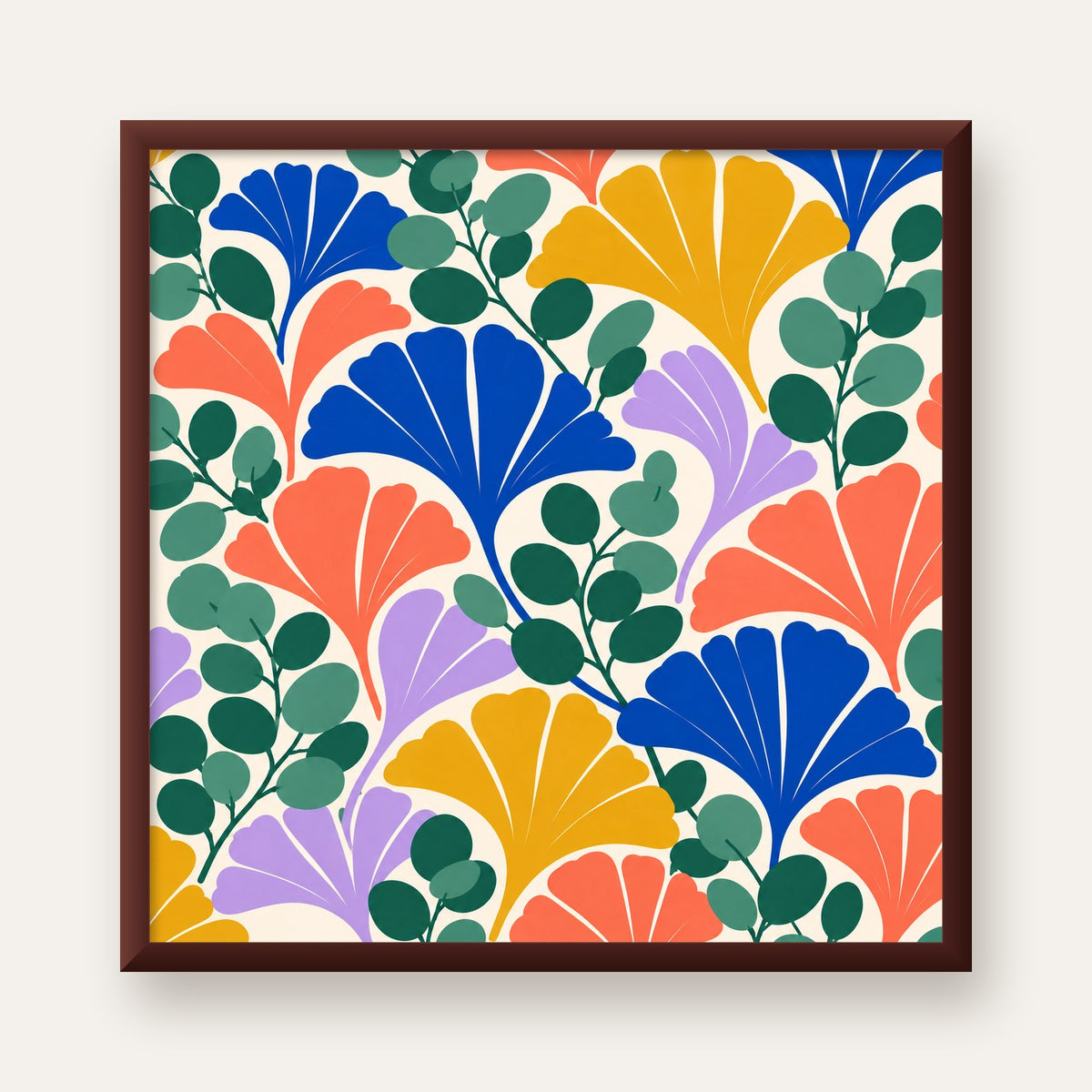 Renkli Modern Yaprak Desenli Dijital Poster – Dekoratif Sanat — ceviz çerçeveli