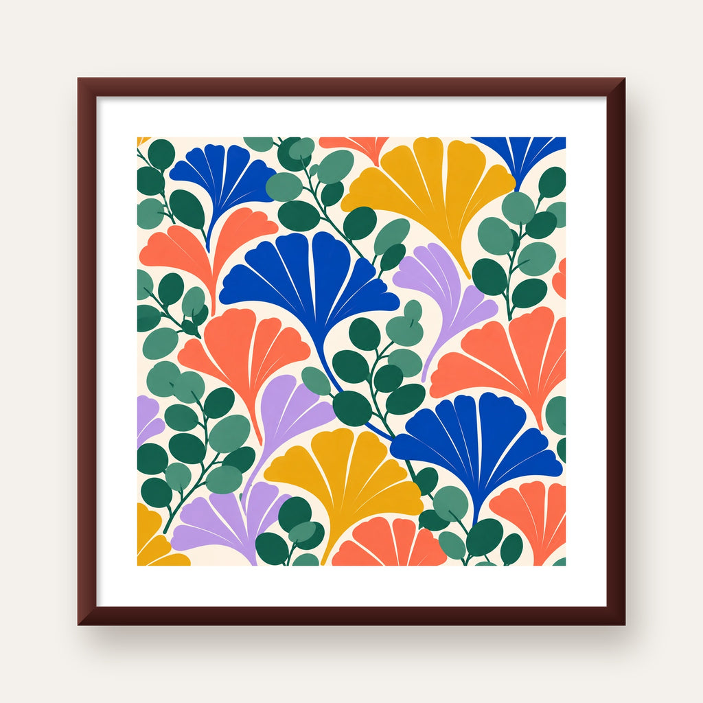 Renkli Modern Yaprak Desenli Dijital Poster – Dekoratif Sanat — ceviz çerçeveli paspartulu