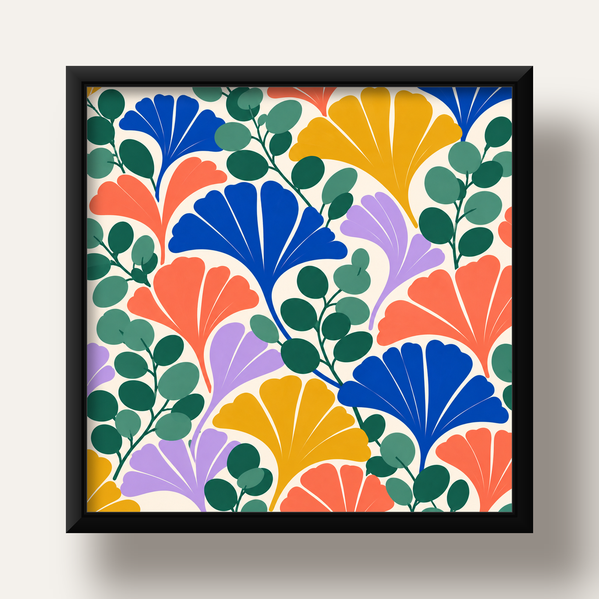 Renkli Modern Yaprak Desenli Dijital Poster – Dekoratif Sanat — siyah derin çerçeveli