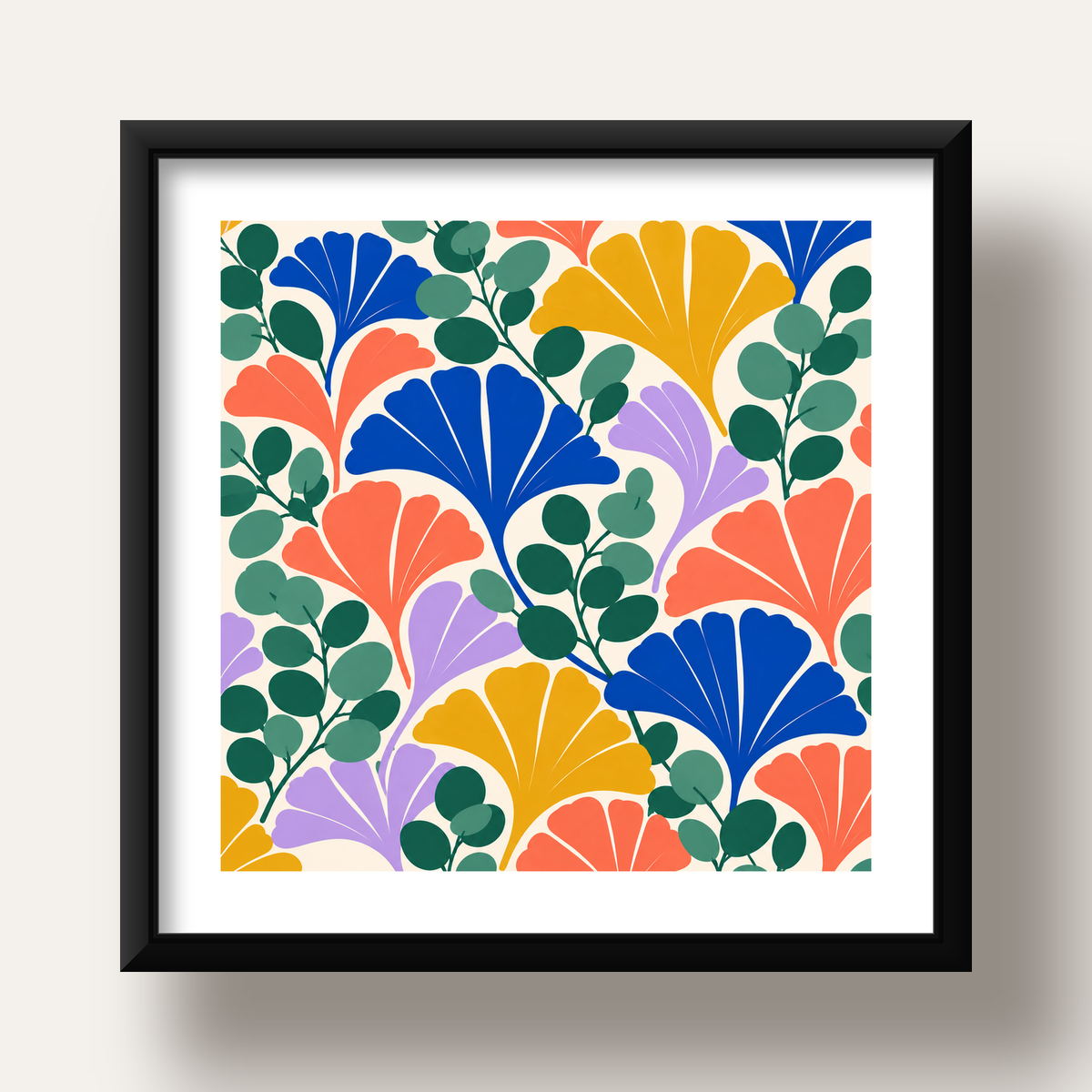 Renkli Modern Yaprak Desenli Dijital Poster – Dekoratif Sanat — siyah derin çerçeveli paspartulu