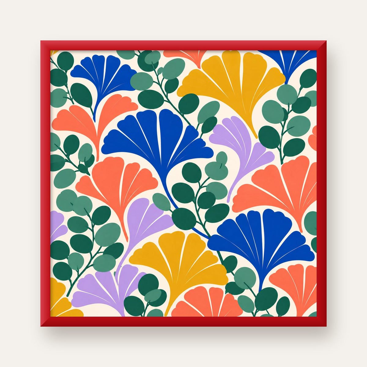 Renkli Modern Yaprak Desenli Dijital Poster – Dekoratif Sanat — kırmızı çerçeveli