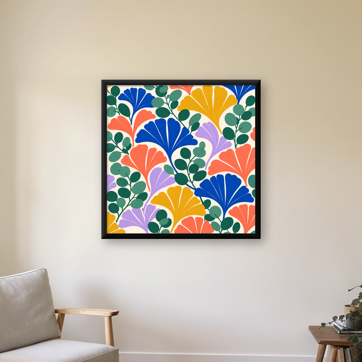 Renkli Yaprak Desenli Modern Dijital Poster Sanat Baskısı — Kare baskı, çerçeveli hâliyle bir ev duvarında
