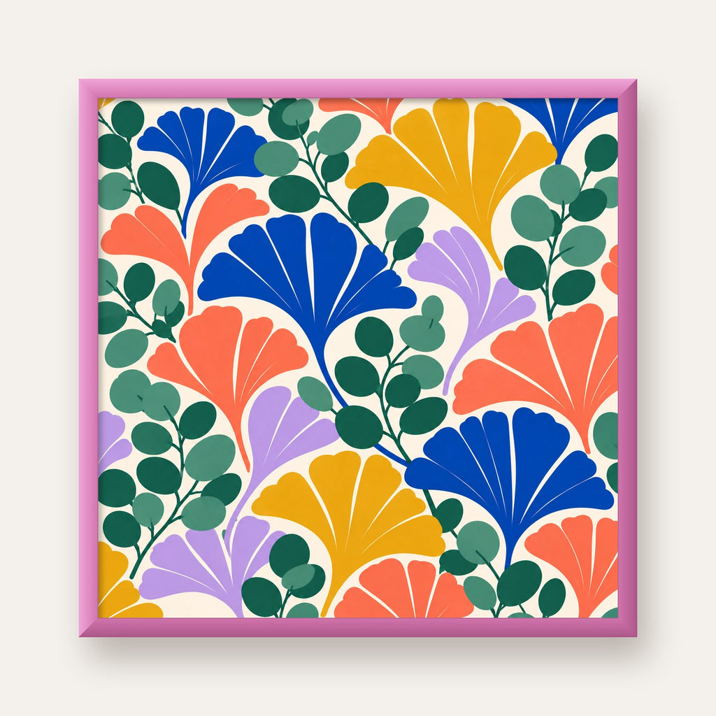 Renkli Modern Yaprak Desenli Dijital Poster – Dekoratif Sanat — pembe çerçeveli