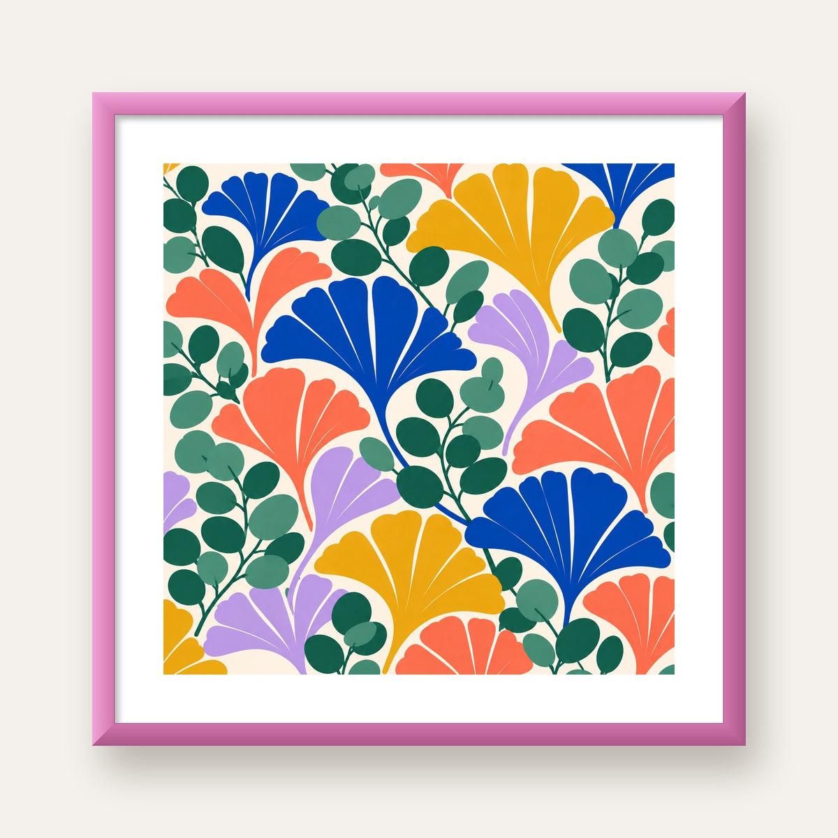 Renkli Modern Yaprak Desenli Dijital Poster – Dekoratif Sanat — pembe çerçeveli paspartulu