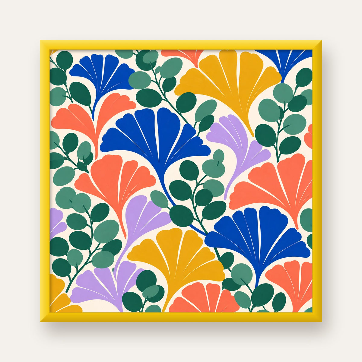 Renkli Modern Yaprak Desenli Dijital Poster – Dekoratif Sanat — sarı çerçeveli