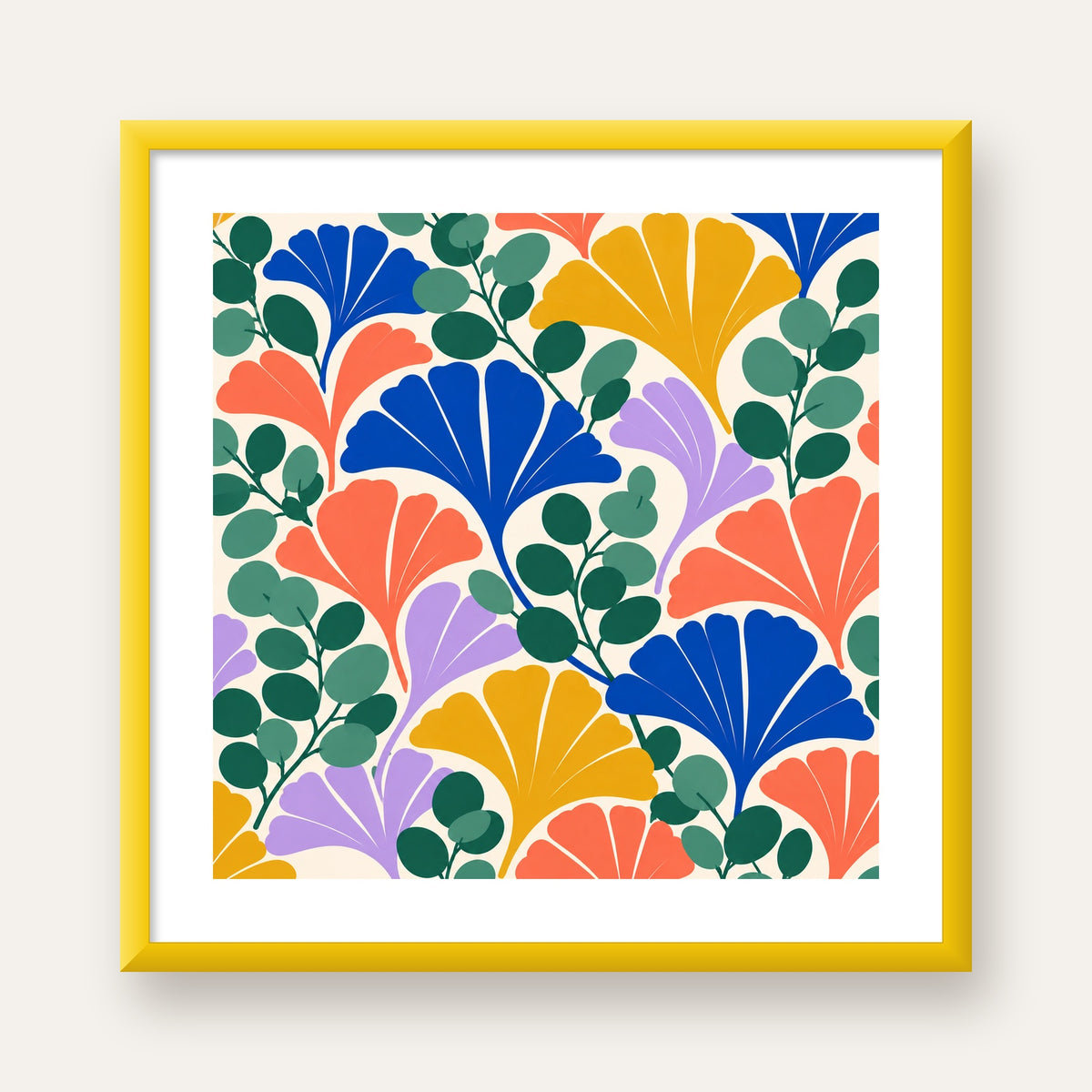 Renkli Modern Yaprak Desenli Dijital Poster – Dekoratif Sanat — sarı çerçeveli paspartulu