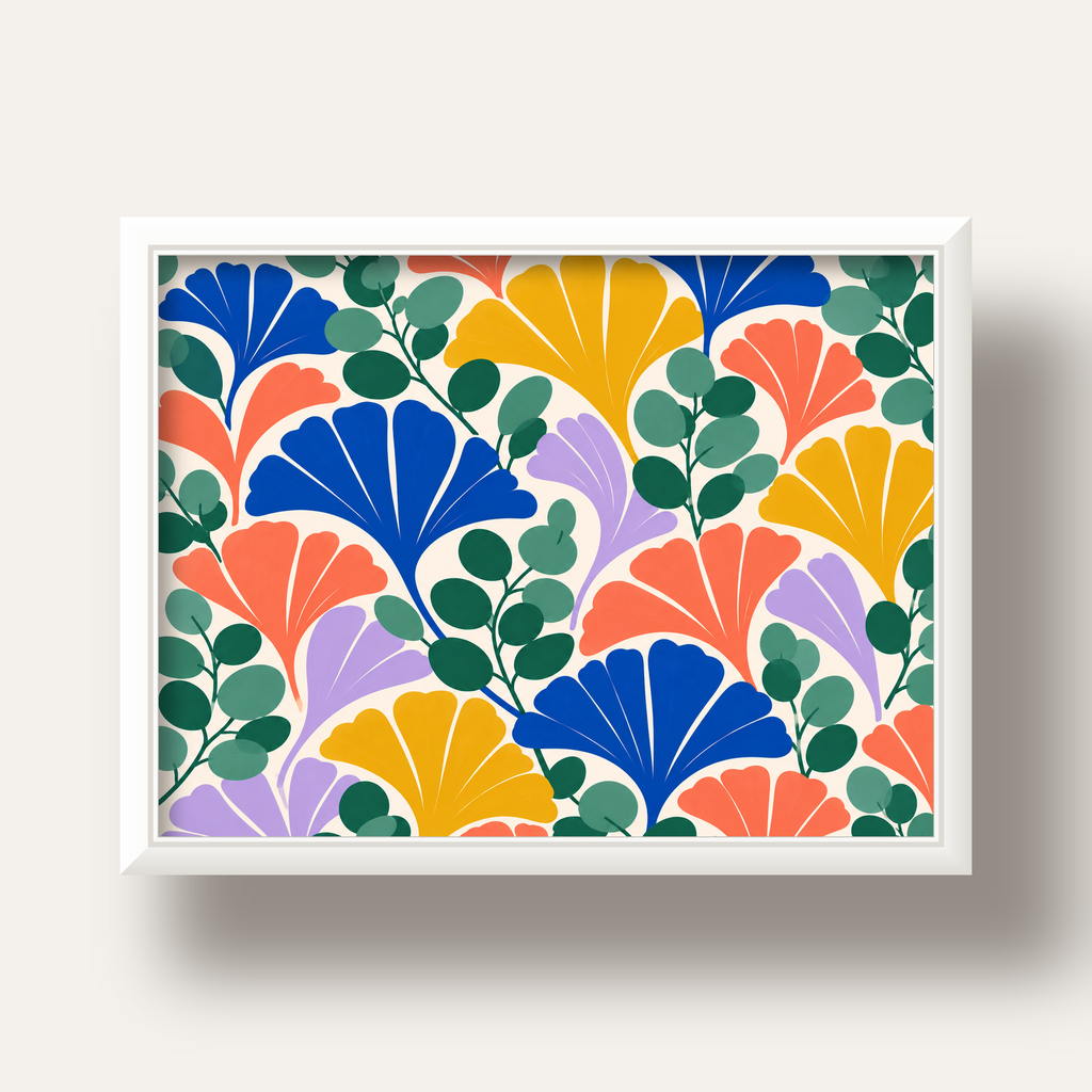 Renkli Modern Yaprak Desenli Dijital Poster – Dekoratif Sanat — beyaz derin çerçeveli