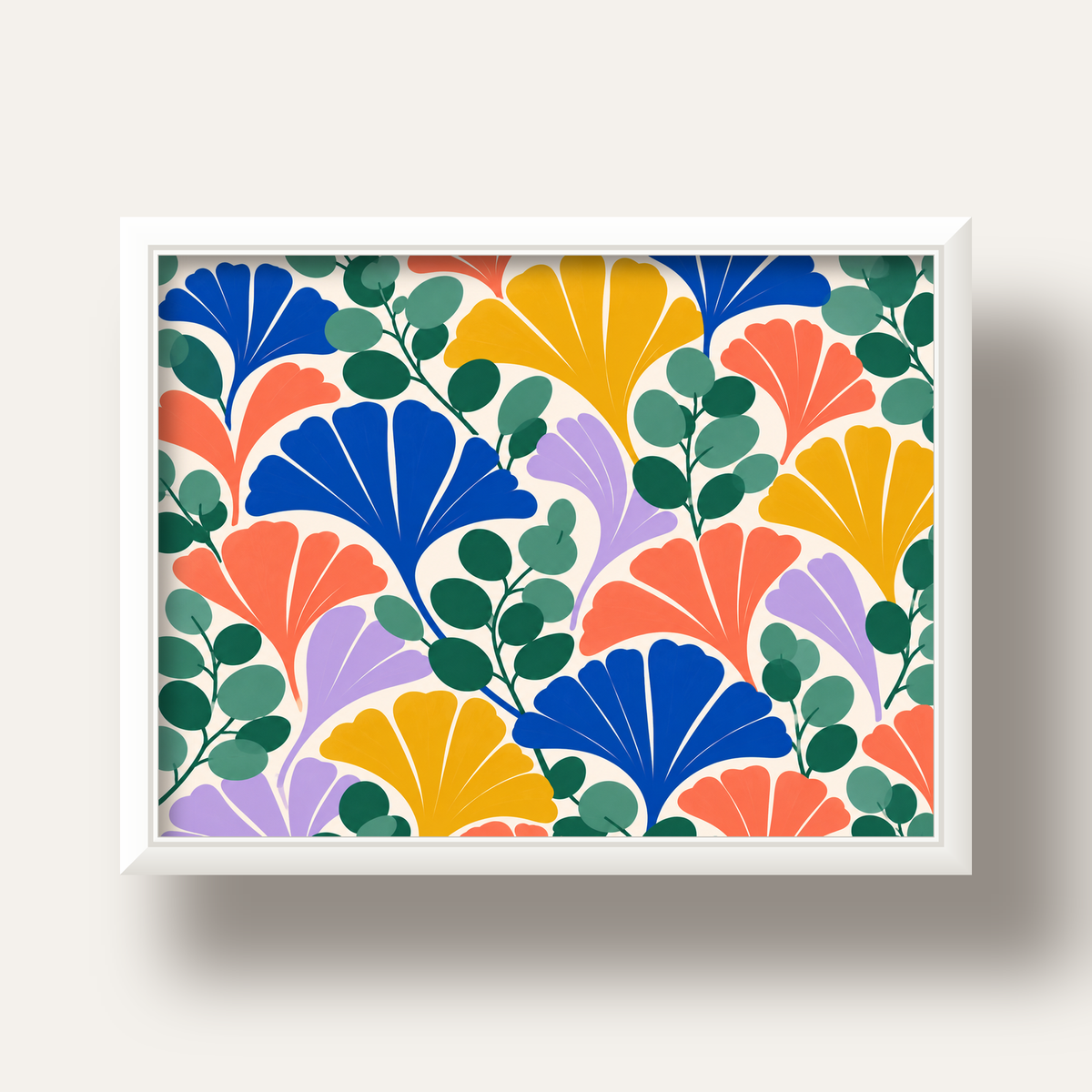 Renkli Modern Yaprak Desenli Dijital Poster – Dekoratif Sanat — beyaz derin çerçeveli