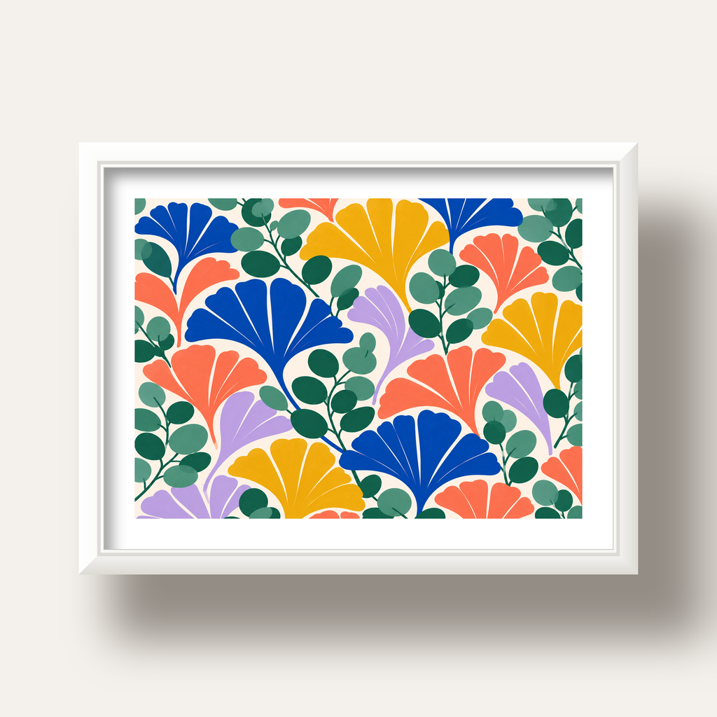 Renkli Modern Yaprak Desenli Dijital Poster – Dekoratif Sanat — beyaz derin çerçeveli paspartulu