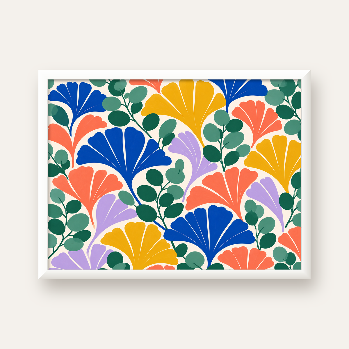 Renkli Modern Yaprak Desenli Dijital Poster – Dekoratif Sanat — beyaz çerçeveli yatay poster