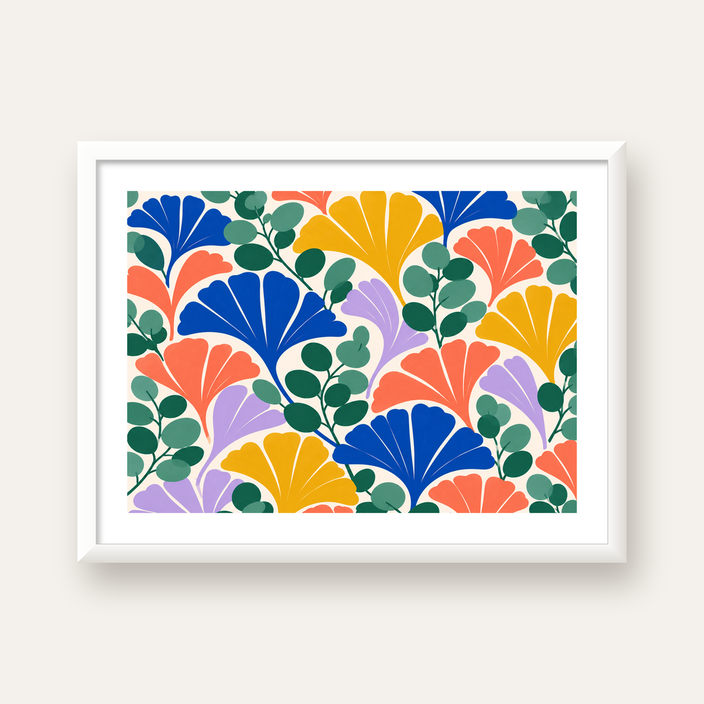 Renkli Modern Yaprak Desenli Dijital Poster – Dekoratif Sanat — beyaz çerçeveli yatay poster