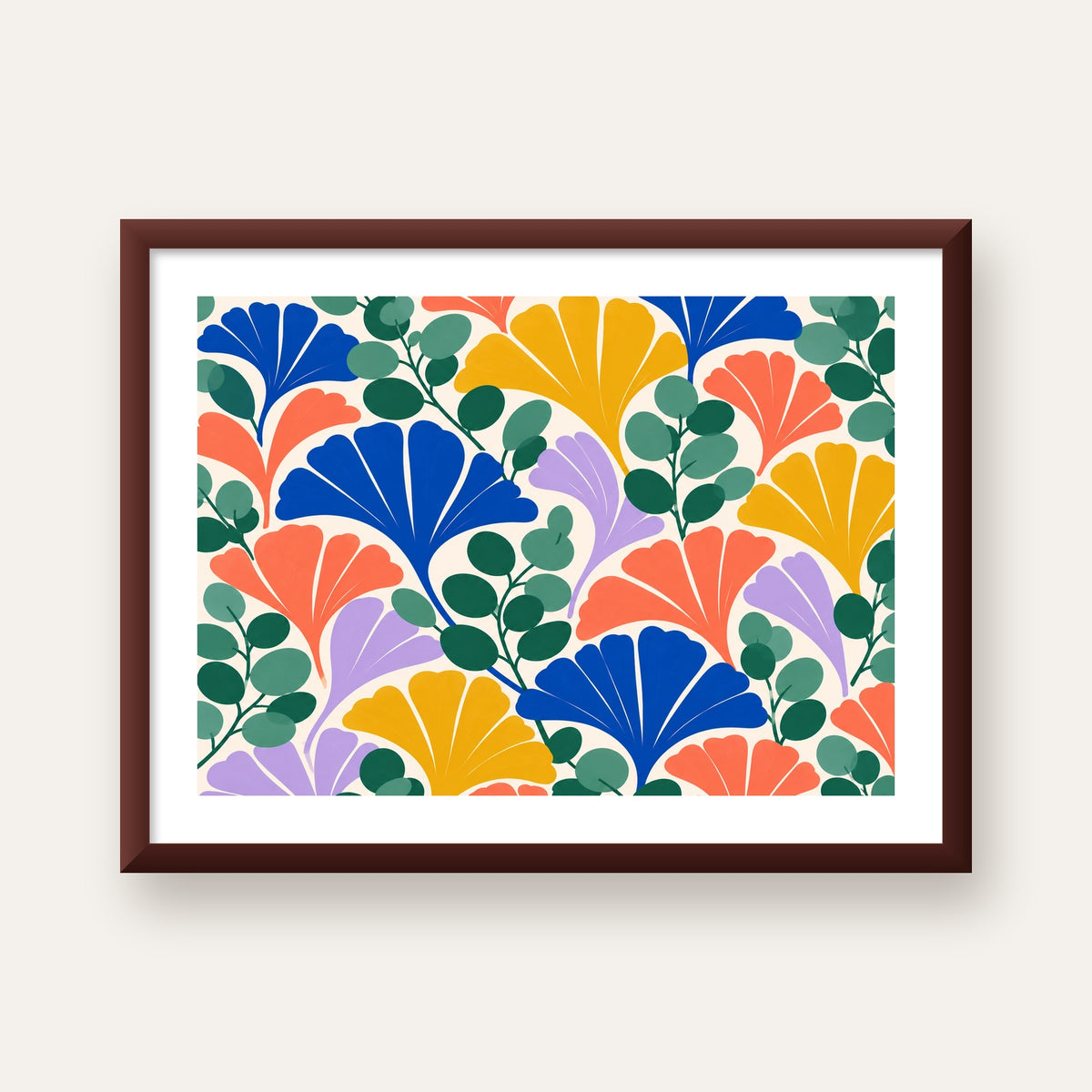 Renkli Modern Yaprak Desenli Dijital Poster – Dekoratif Sanat — ceviz çerçeveli paspartulu
