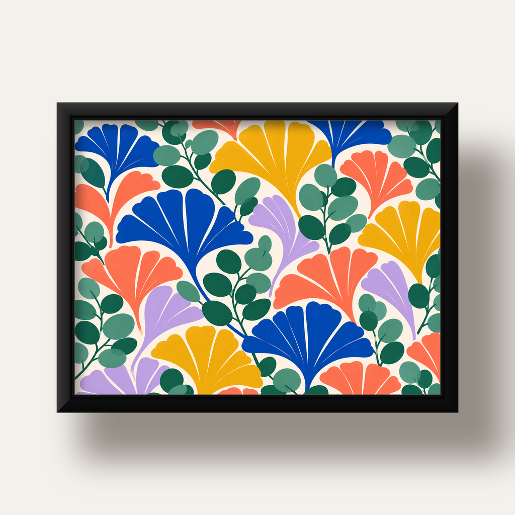 Renkli Modern Yaprak Desenli Dijital Poster – Dekoratif Sanat — siyah derin çerçeveli