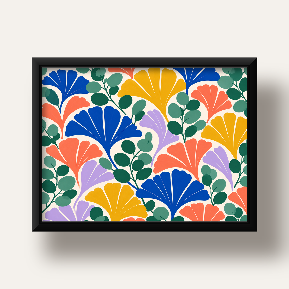 Renkli Modern Yaprak Desenli Dijital Poster – Dekoratif Sanat — siyah derin çerçeveli