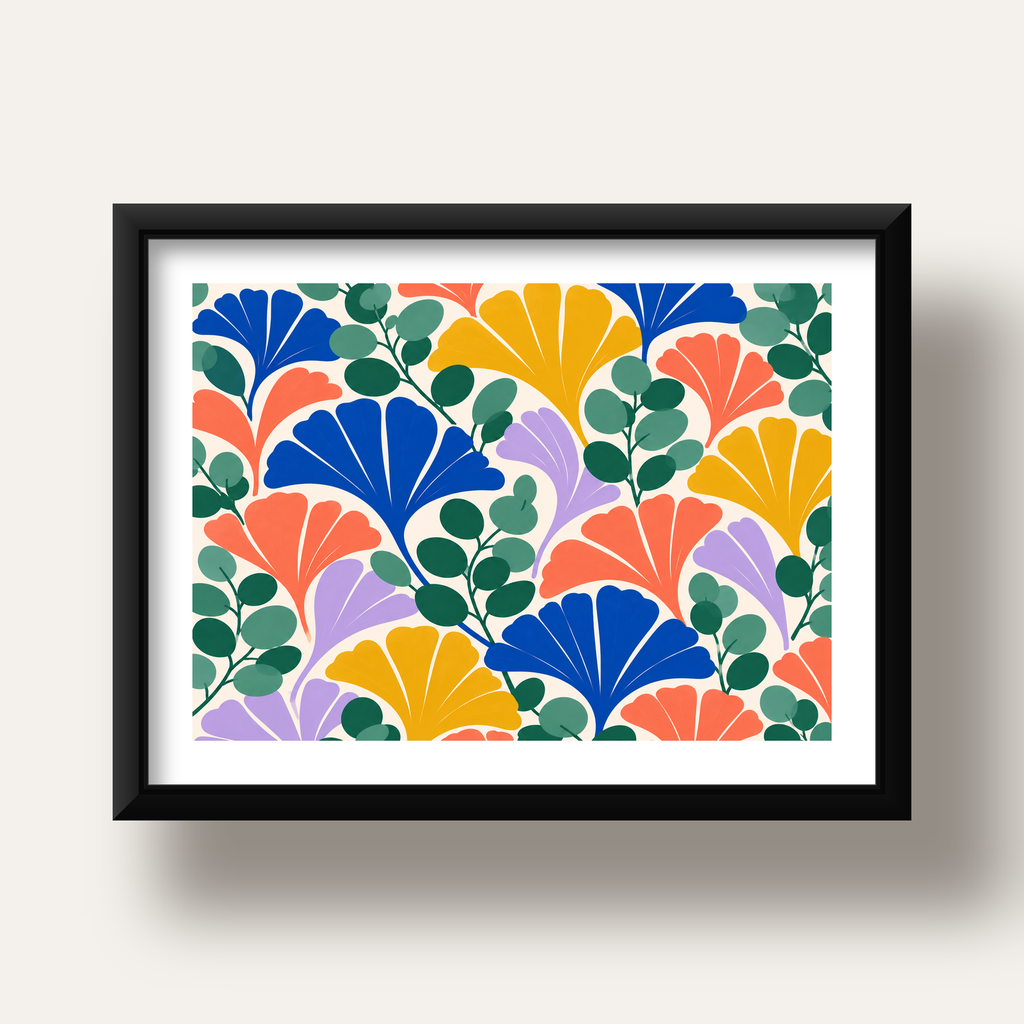 Renkli Modern Yaprak Desenli Dijital Poster – Dekoratif Sanat — siyah derin çerçeveli paspartulu