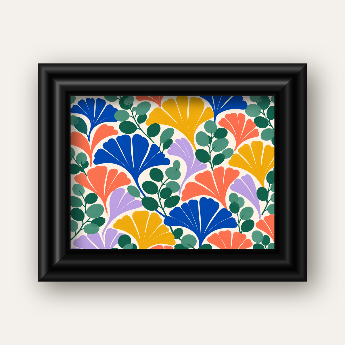 Renkli Modern Yaprak Desenli Dijital Poster – Dekoratif Sanat — siyah galeri çerçeveli