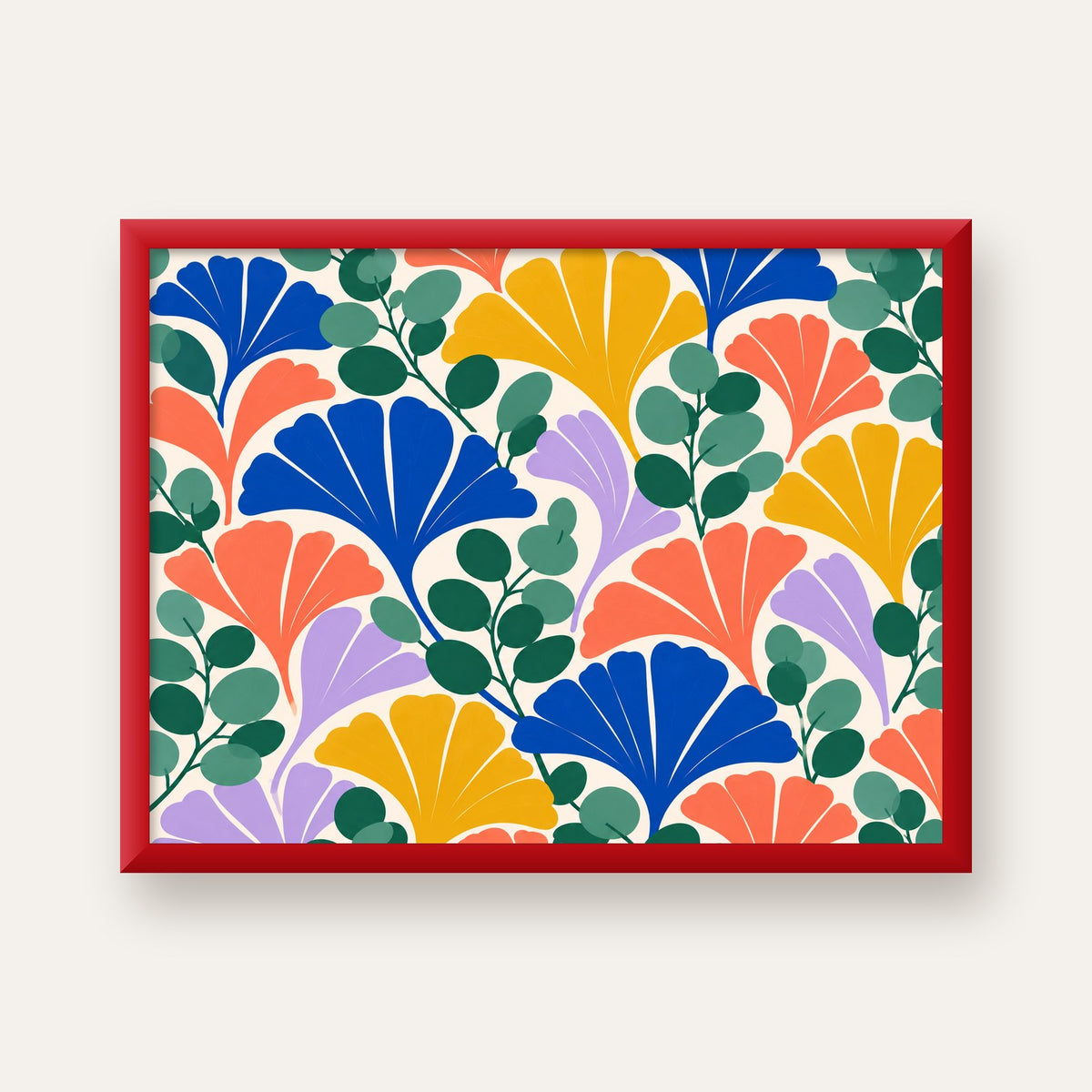 Renkli Modern Yaprak Desenli Dijital Poster – Dekoratif Sanat — kırmızı çerçeveli