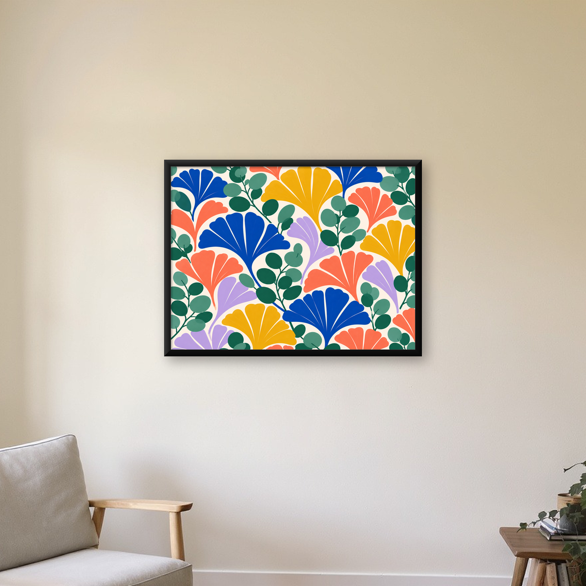 Renkli Yaprak Desenli Modern Dijital Poster Sanat Baskısı — Yatay baskı, çerçeveli hâliyle bir ev duvarında