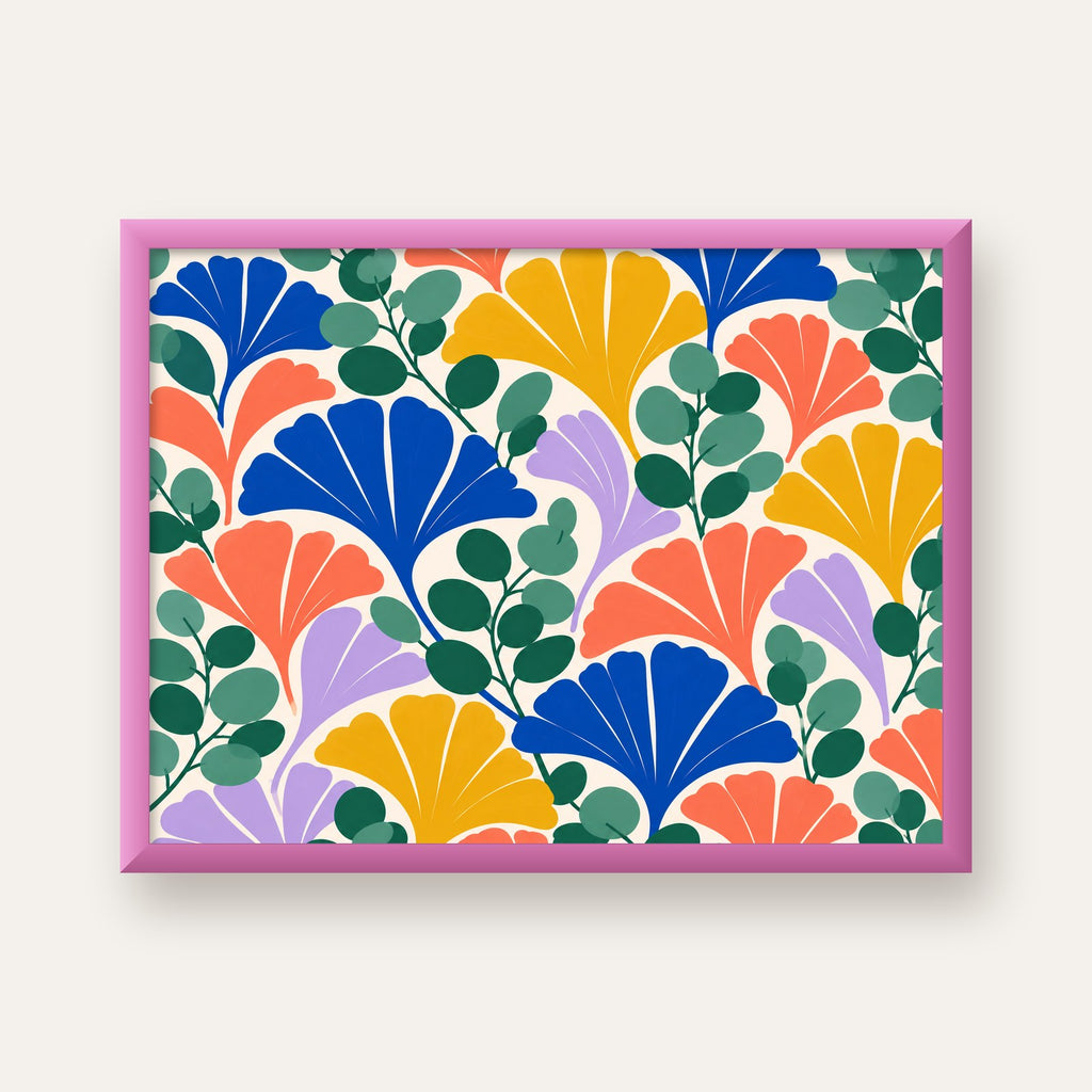 Renkli Modern Yaprak Desenli Dijital Poster – Dekoratif Sanat — pembe çerçeveli
