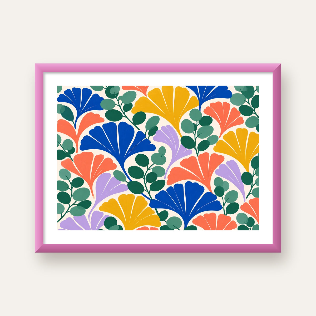 Renkli Modern Yaprak Desenli Dijital Poster – Dekoratif Sanat — pembe çerçeveli paspartulu