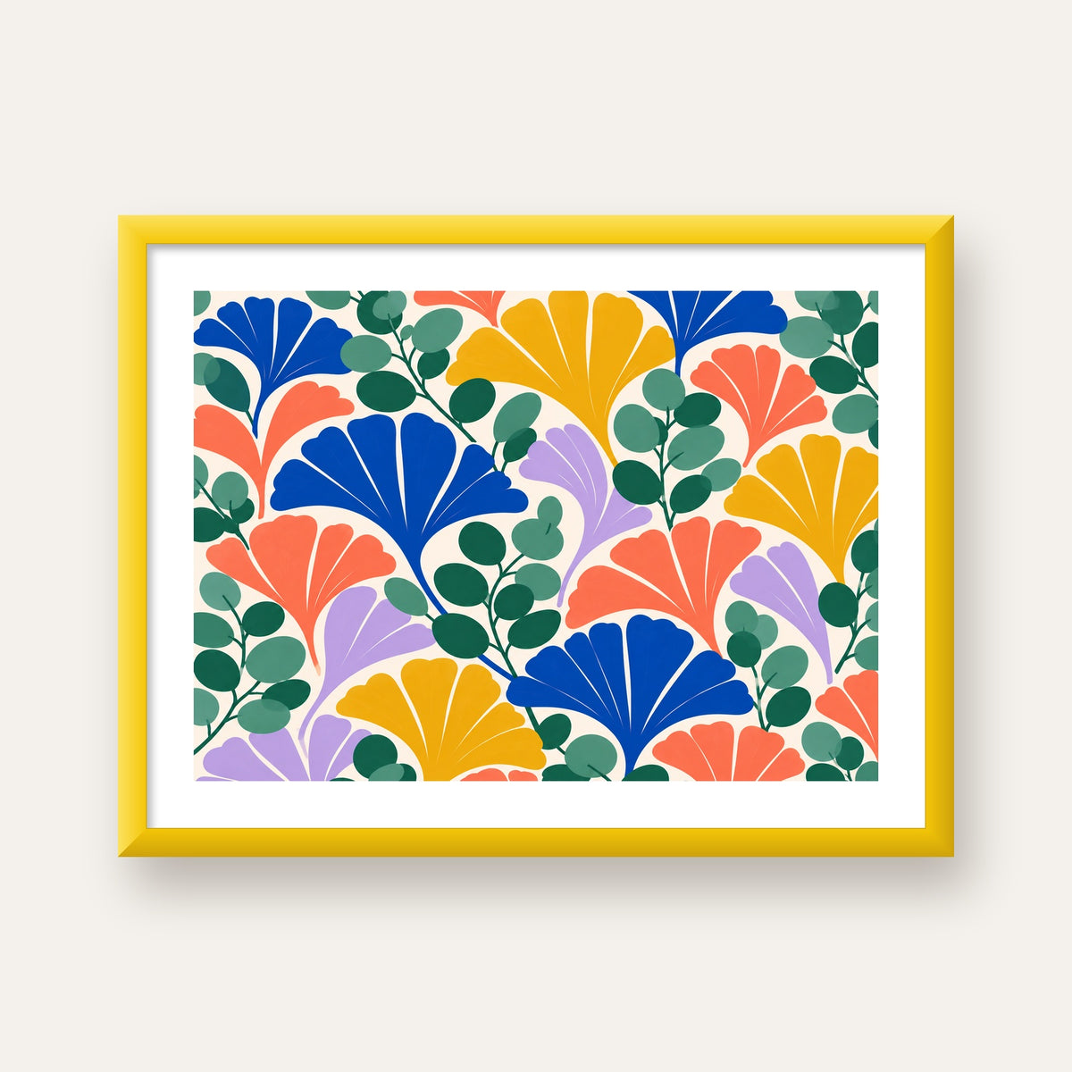 Renkli Modern Yaprak Desenli Dijital Poster – Dekoratif Sanat — sarı çerçeveli paspartulu