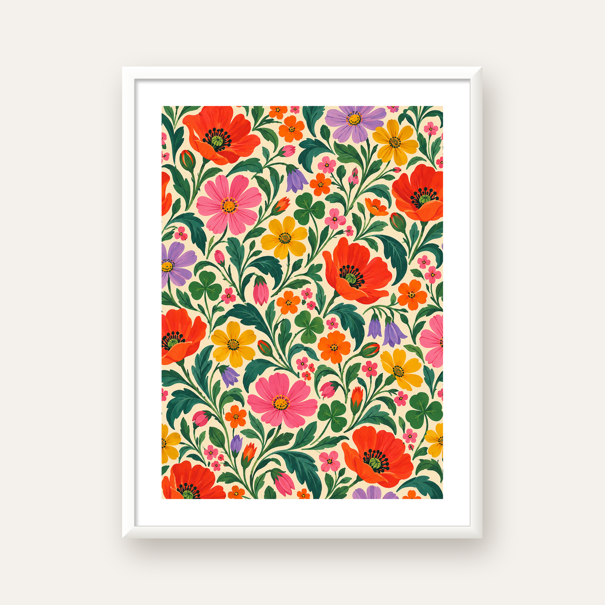 Renkli Çiçek Desenli Krem Arka Planlı Poster — beyaz çerçeveli dikey poster