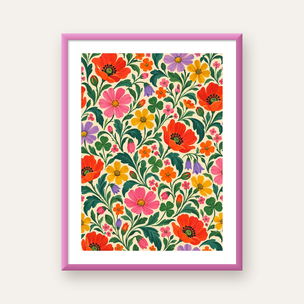 Renkli Çiçek Desenli Krem Arka Planlı Poster — pembe çerçeveli paspartulu