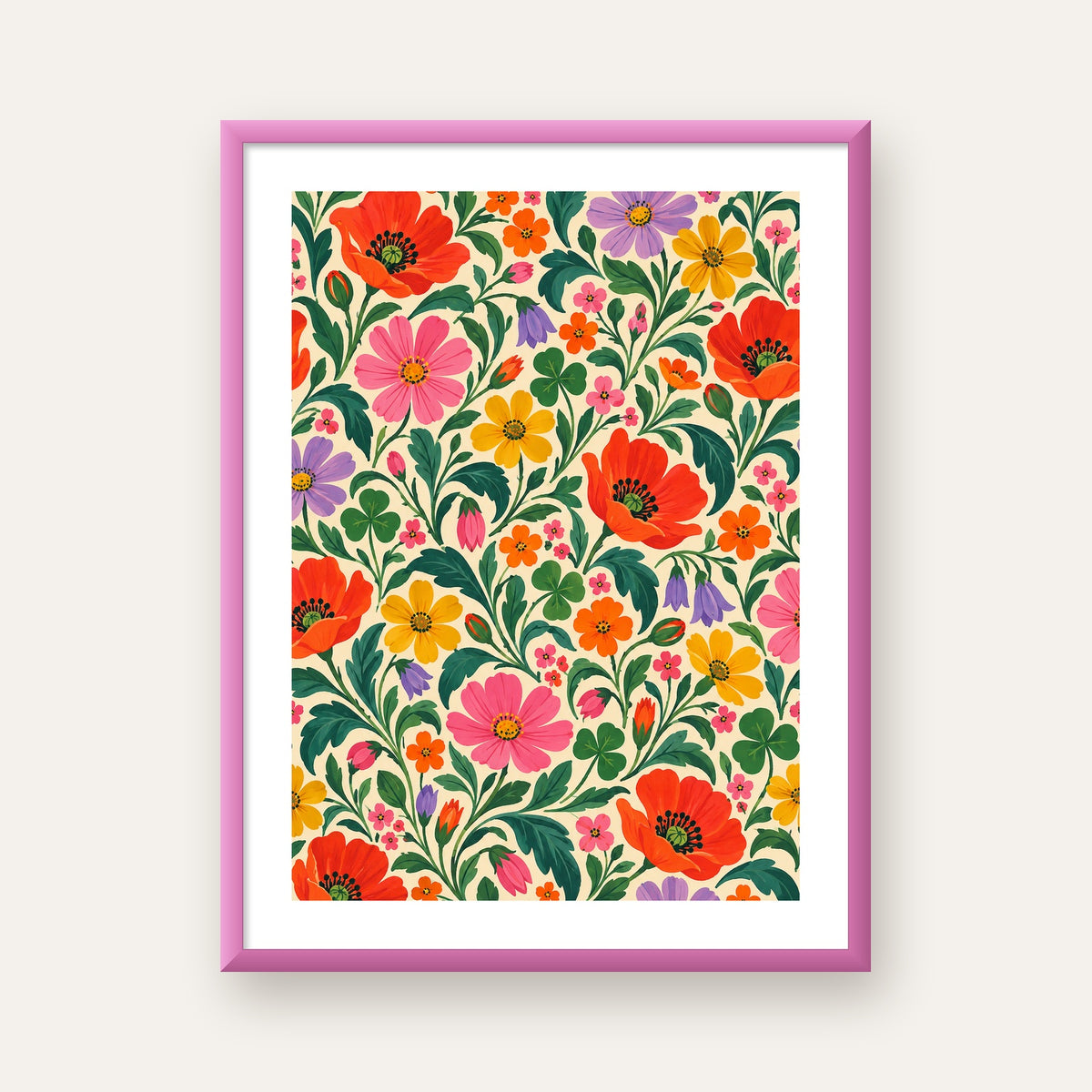 Renkli Çiçek Desenli Krem Arka Planlı Poster — pembe çerçeveli paspartulu