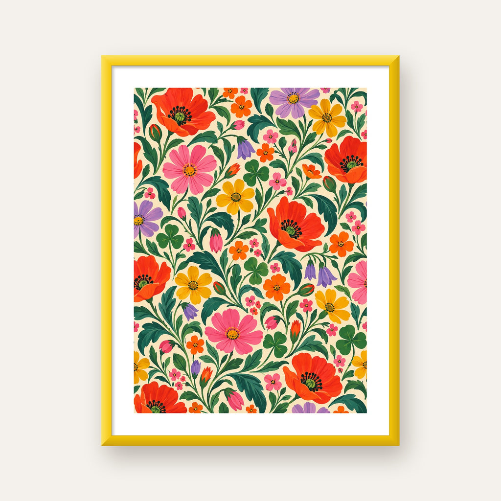 Renkli Çiçek Desenli Krem Arka Planlı Poster — sarı çerçeveli paspartulu