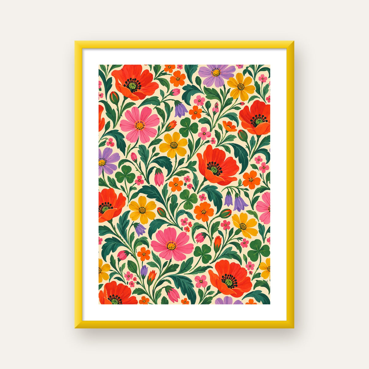 Renkli Çiçek Desenli Krem Arka Planlı Poster — sarı çerçeveli paspartulu