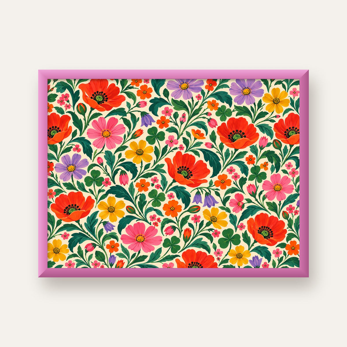 Renkli Çiçek Desenli Krem Arka Planlı Poster — pembe çerçeveli