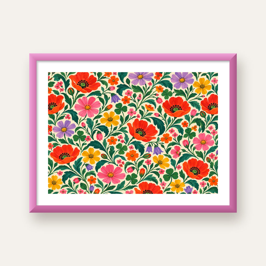Renkli Çiçek Desenli Krem Arka Planlı Poster — pembe çerçeveli paspartulu