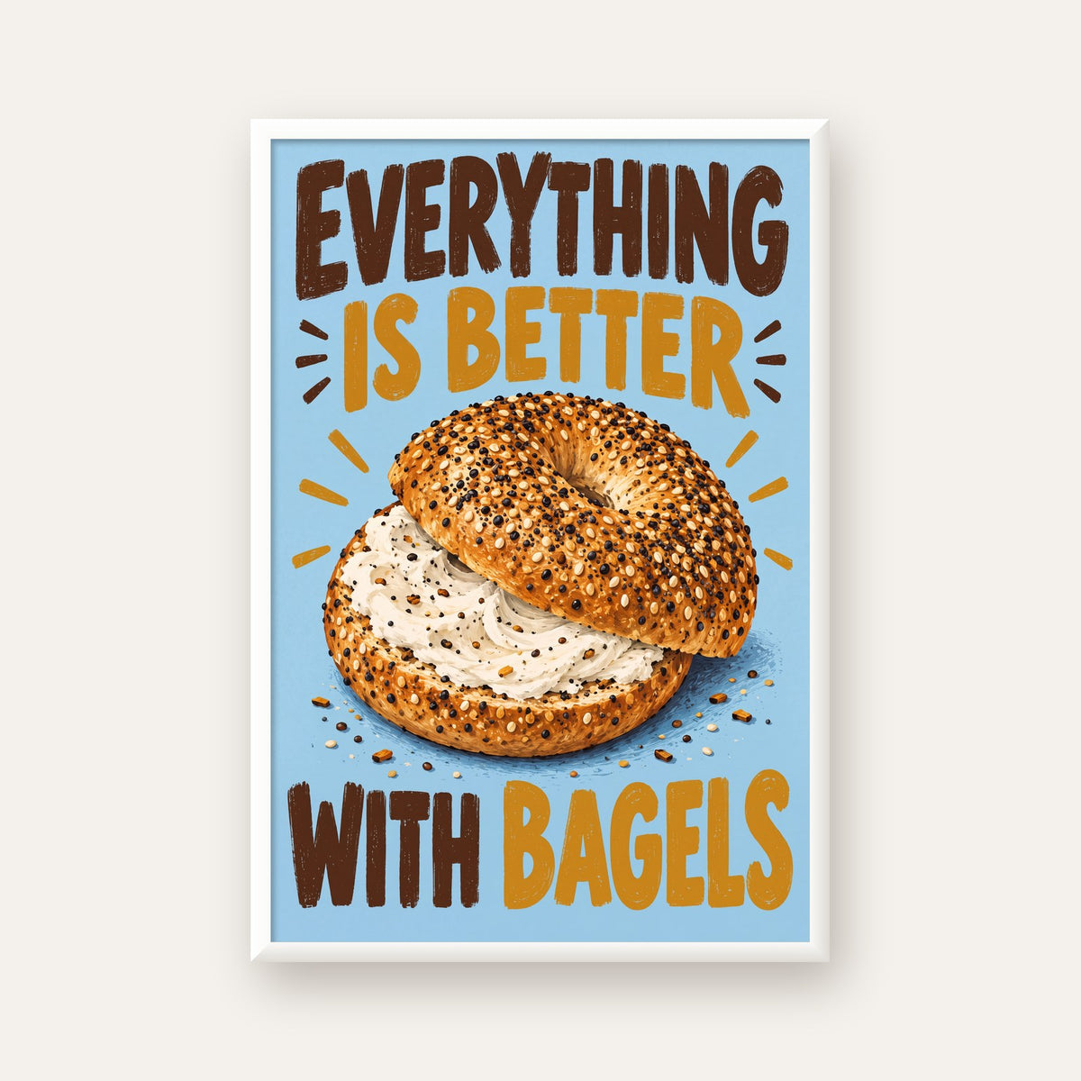 Krem Peynirli Bagel Poster – Enerjik & Renkli Dijital İllüstrasyon — beyaz çerçeveli dikey poster