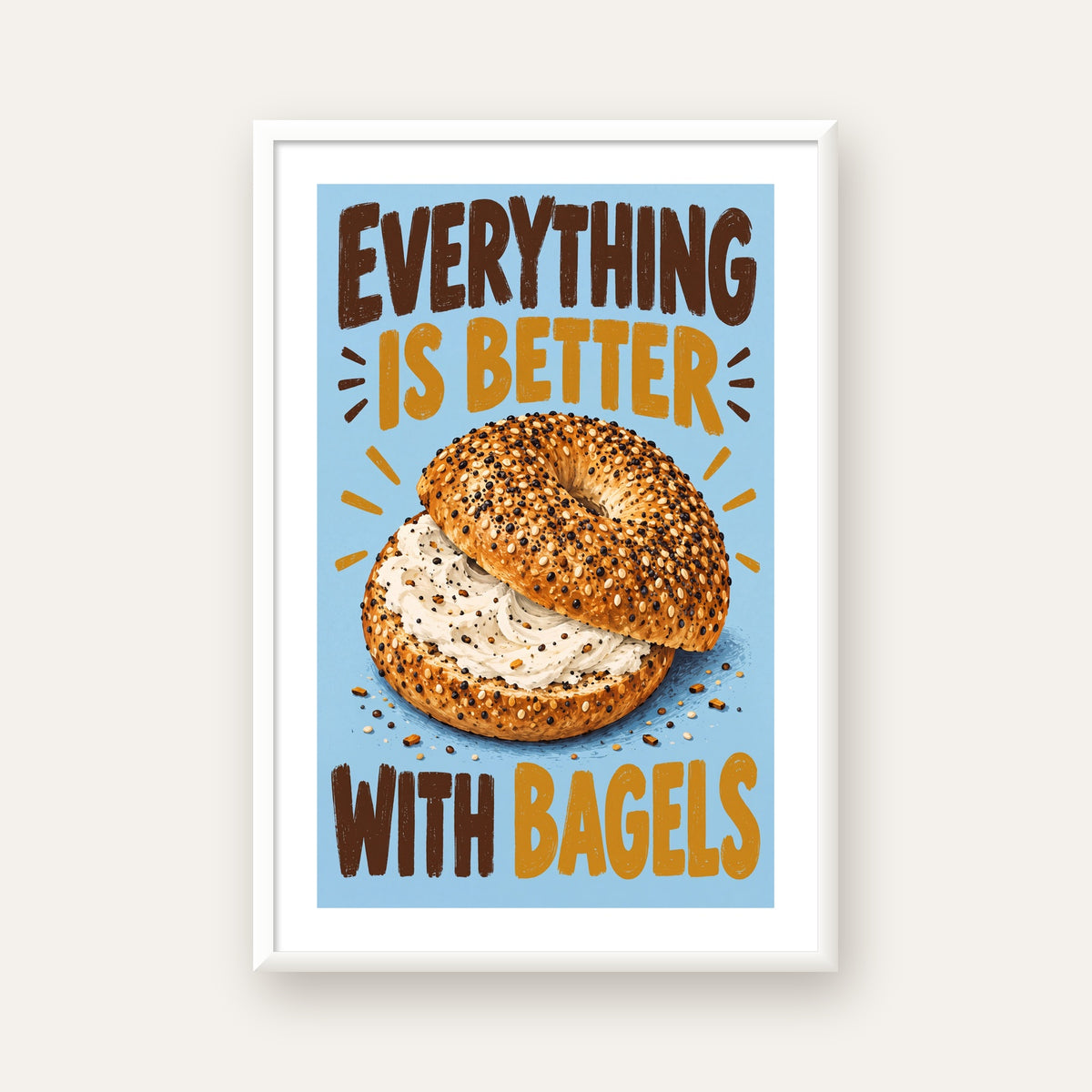 Krem Peynirli Bagel Poster – Enerjik & Renkli Dijital İllüstrasyon — beyaz çerçeveli dikey poster