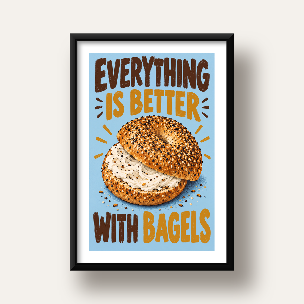 Krem Peynirli Bagel Poster – Enerjik & Renkli Dijital İllüstrasyon — siyah derin çerçeveli paspartulu