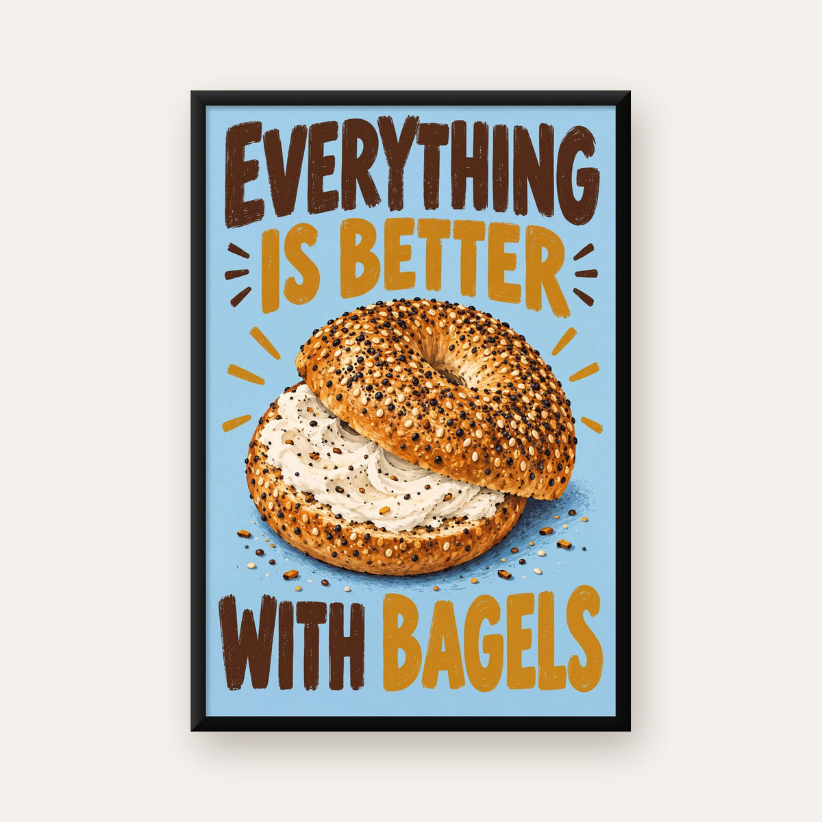 Krem Peynirli Bagel Poster – Enerjik & Renkli Dijital İllüstrasyon — ceviz çerçeveli