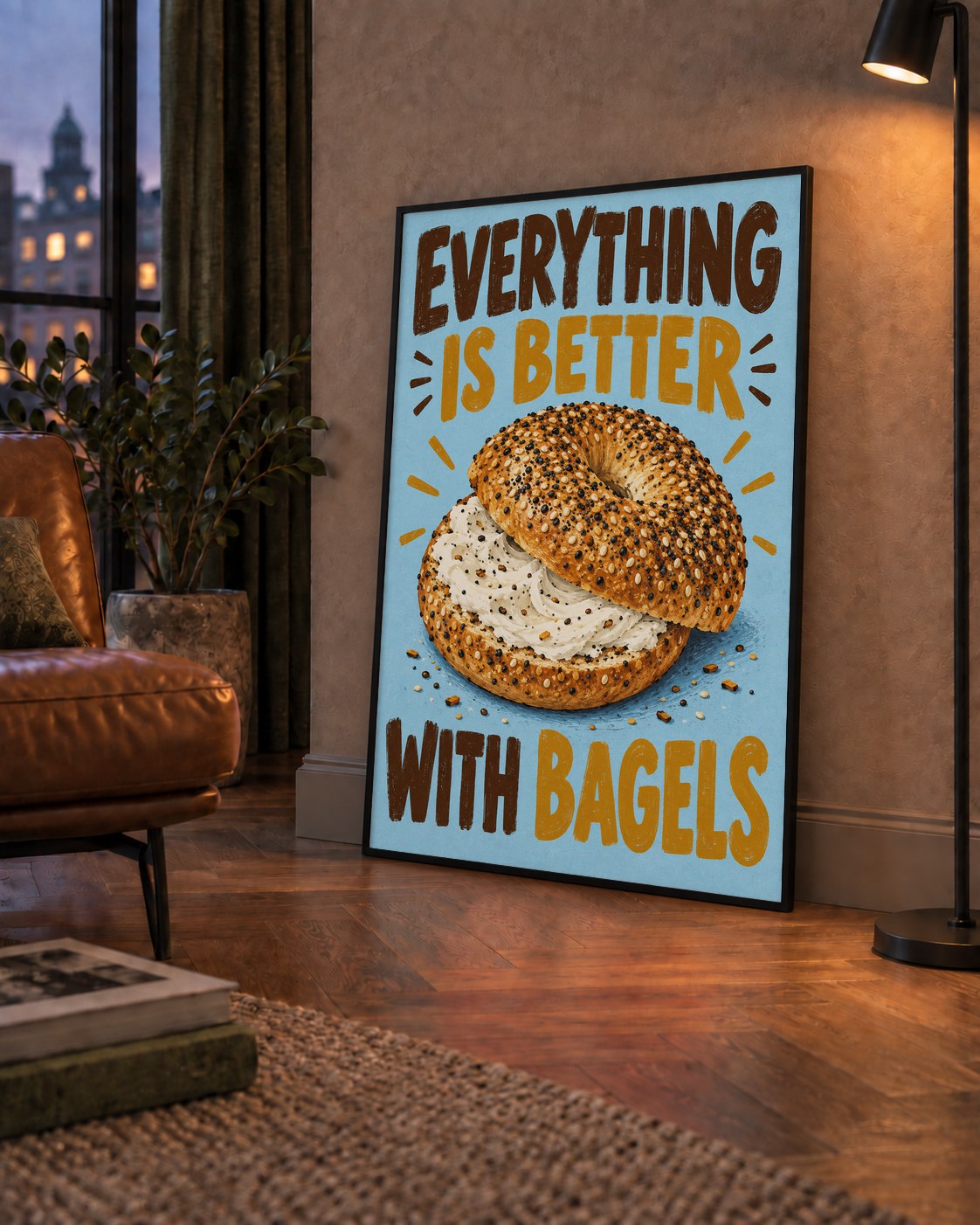 Krem Peynirli Bagel Poster – Enerjik & Renkli Dijital İllüstrasyon — çerçeveli hâliyle bir ev duvarında