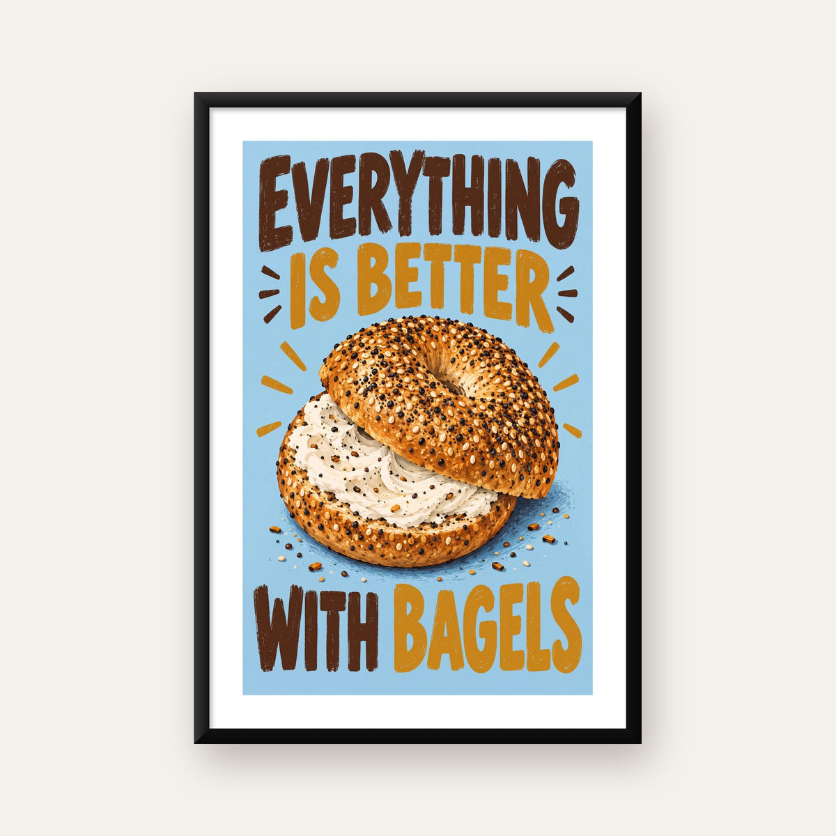 Krem Peynirli Bagel Poster – Enerjik & Renkli Dijital İllüstrasyon — beyaz paspartulu, düz siyah çerçeveli