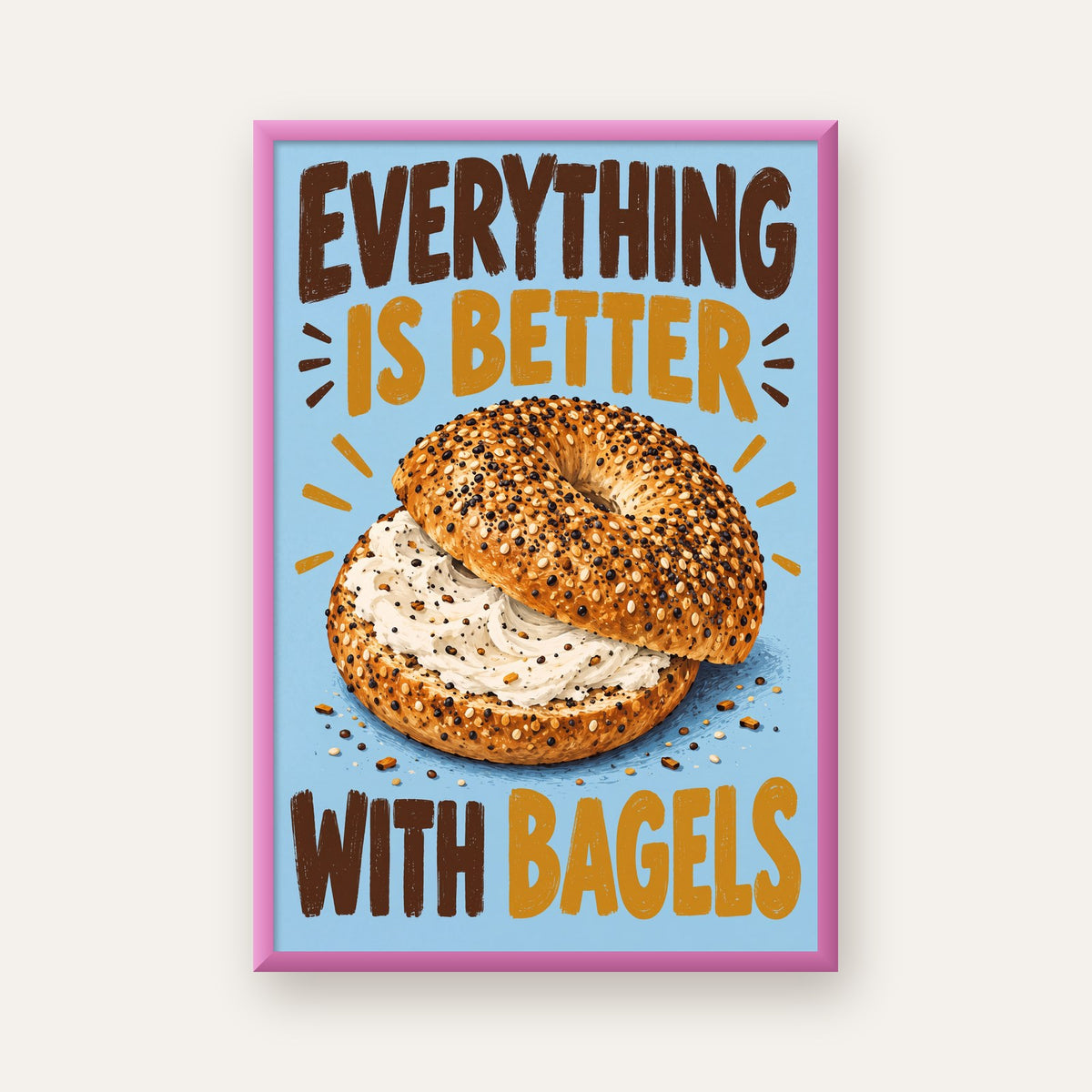 Krem Peynirli Bagel Poster – Enerjik & Renkli Dijital İllüstrasyon — pembe çerçeveli