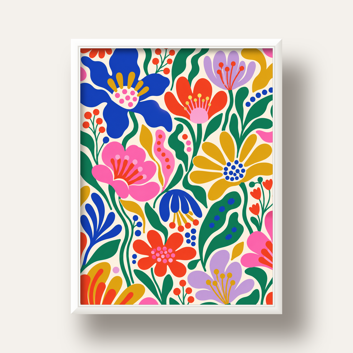 Renkli Çiçek Desenli Modern Dijital Poster — beyaz derin çerçeveli