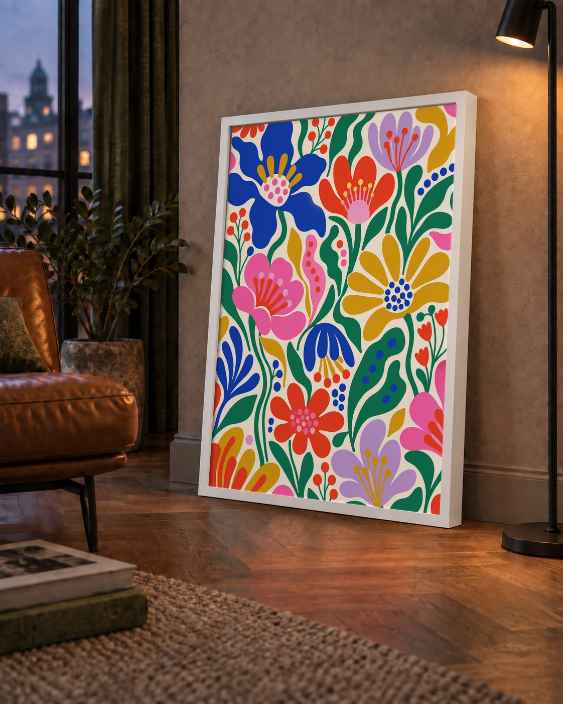 Renkli Çiçek Desenli Modern Dijital Poster — çerçeveli hâliyle bir ev duvarında