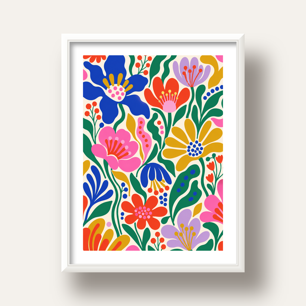 Renkli Çiçek Desenli Modern Dijital Poster — beyaz derin çerçeveli paspartulu