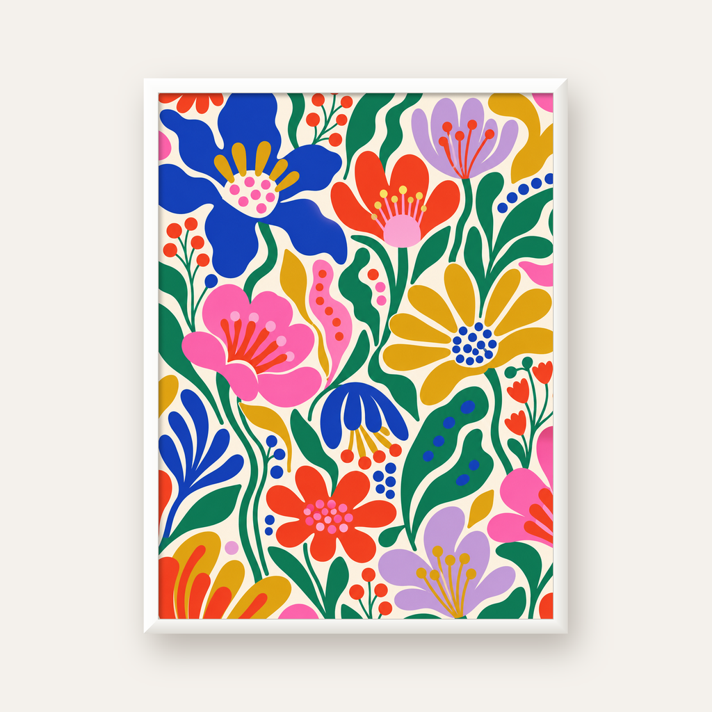Renkli Çiçek Desenli Modern Dijital Poster — beyaz çerçeveli dikey poster