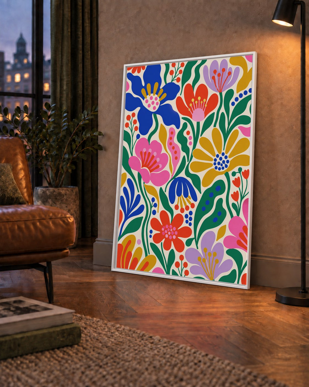Renkli Çiçek Desenli Modern Dijital Poster — çerçeveli hâliyle bir ev duvarında