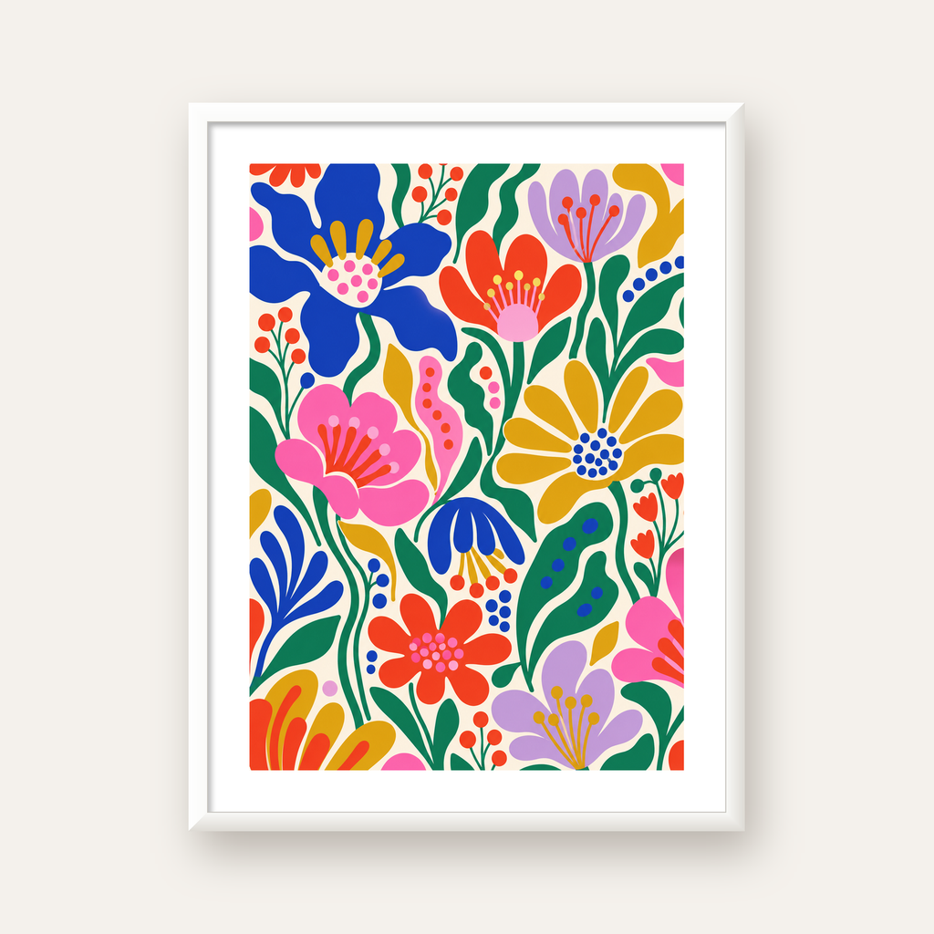 Renkli Çiçek Desenli Modern Dijital Poster — beyaz çerçeveli dikey poster
