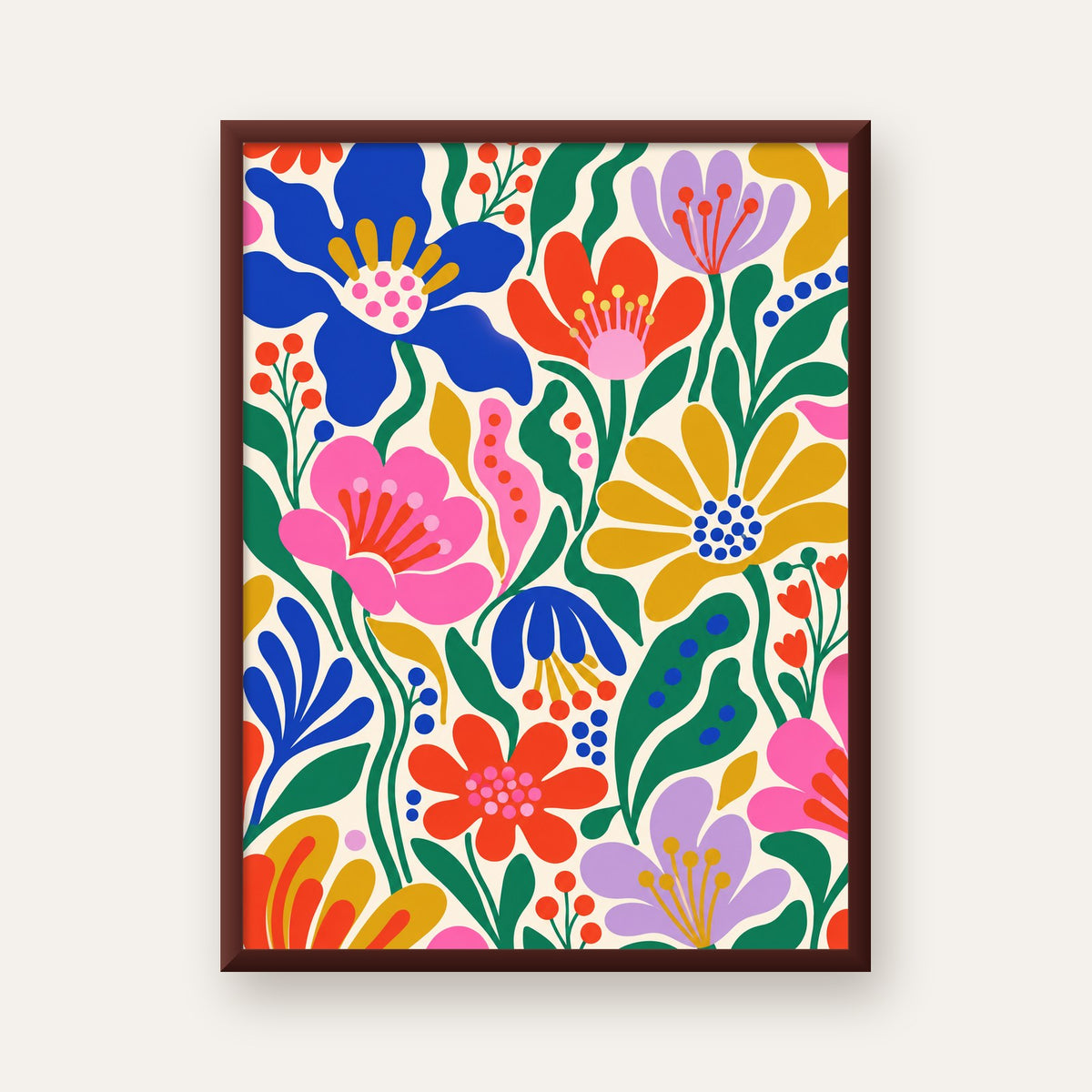 Renkli Çiçek Desenli Modern Dijital Poster — ceviz çerçeveli