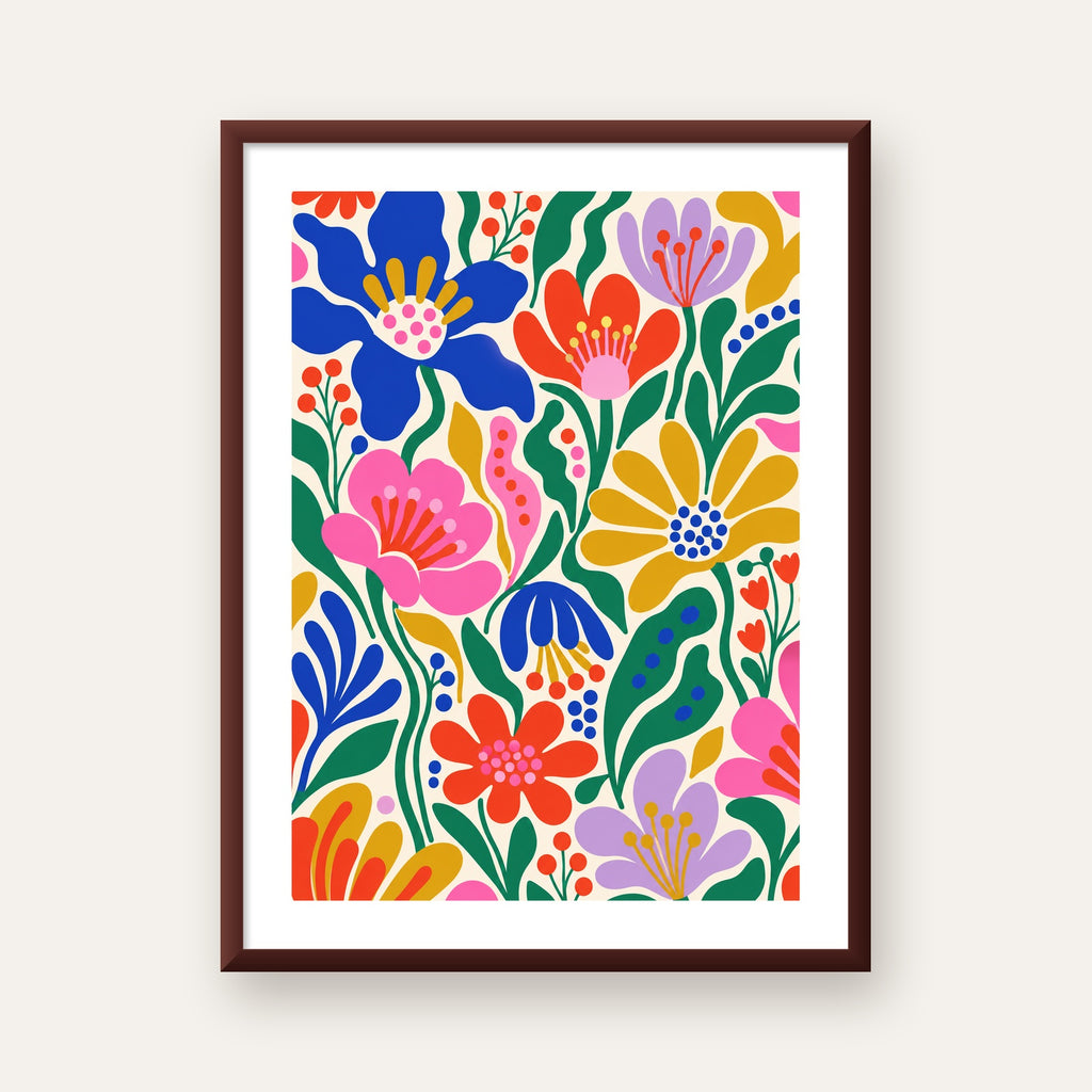 Renkli Çiçek Desenli Modern Dijital Poster — ceviz çerçeveli paspartulu